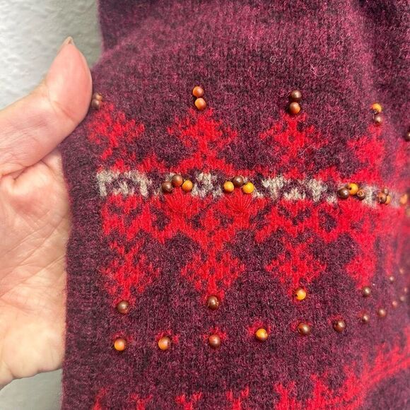 SO GSJC Women's Vintage Lambswool Hooded Poncho Red Fringe Fair Isle Beaded OS - Picture 5 of 12